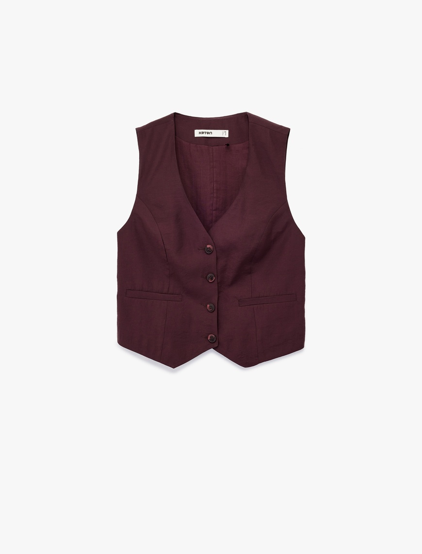   Modal Kumaş Astarlı Düğmeli Cepli Crop Blazer Yelek