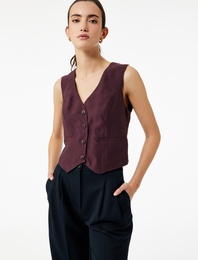 Modal Kumaş Astarlı Düğmeli Cepli Crop Blazer Yelek
