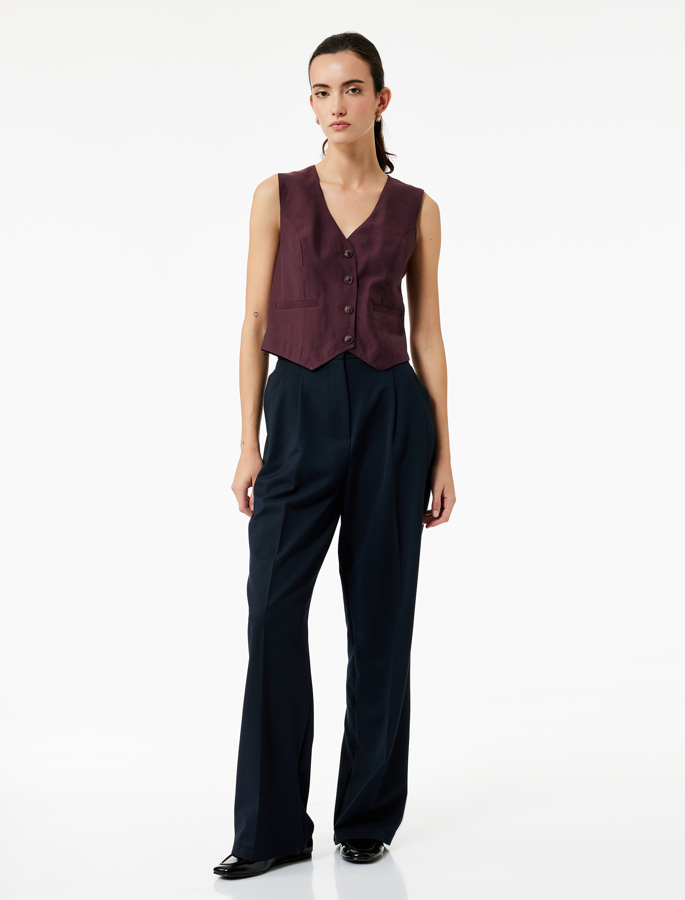   Modal Kumaş Astarlı Düğmeli Cepli Crop Blazer Yelek