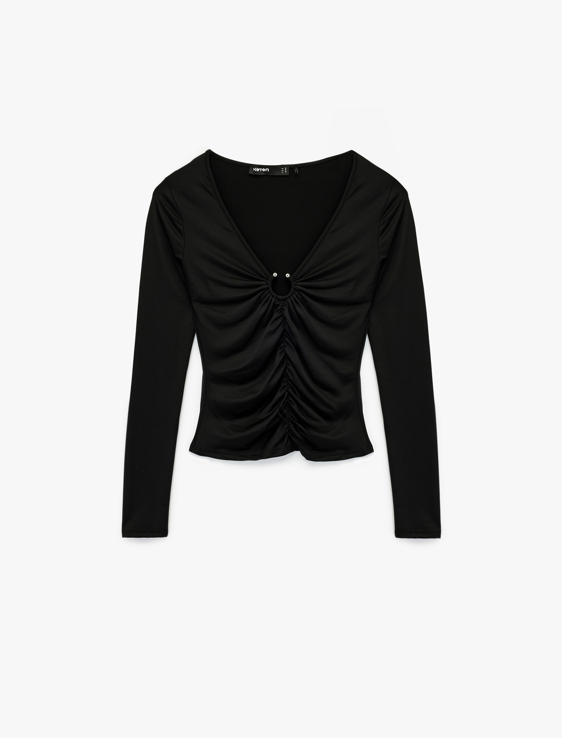   Slim Fit Uzun Kollu V Yaka Metal Aksesuarlı Drapeli Tişört