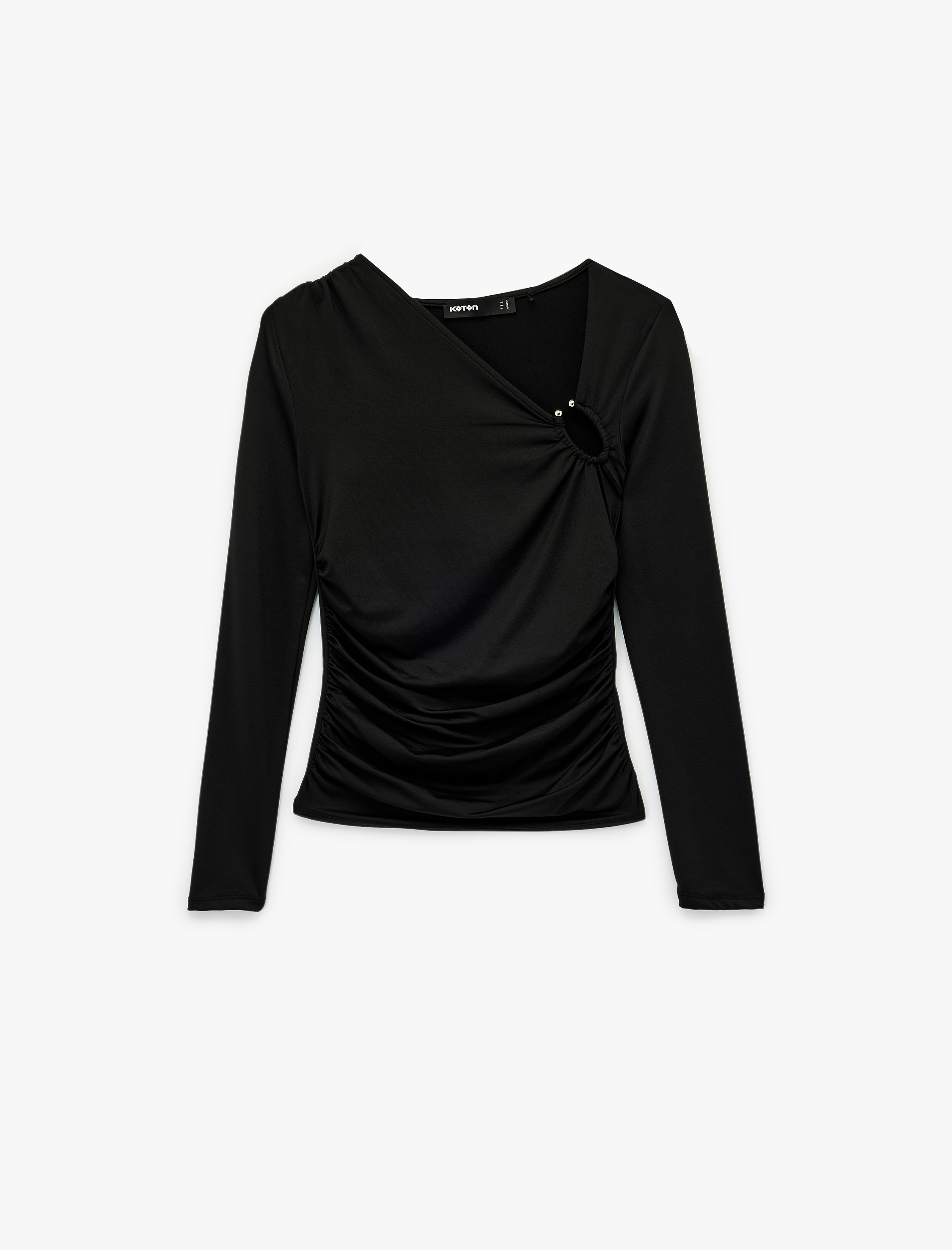   Slim Fit Uzun Kollu Aksesuar Detaylı Asimetrik Yaka Drapeli Tişört