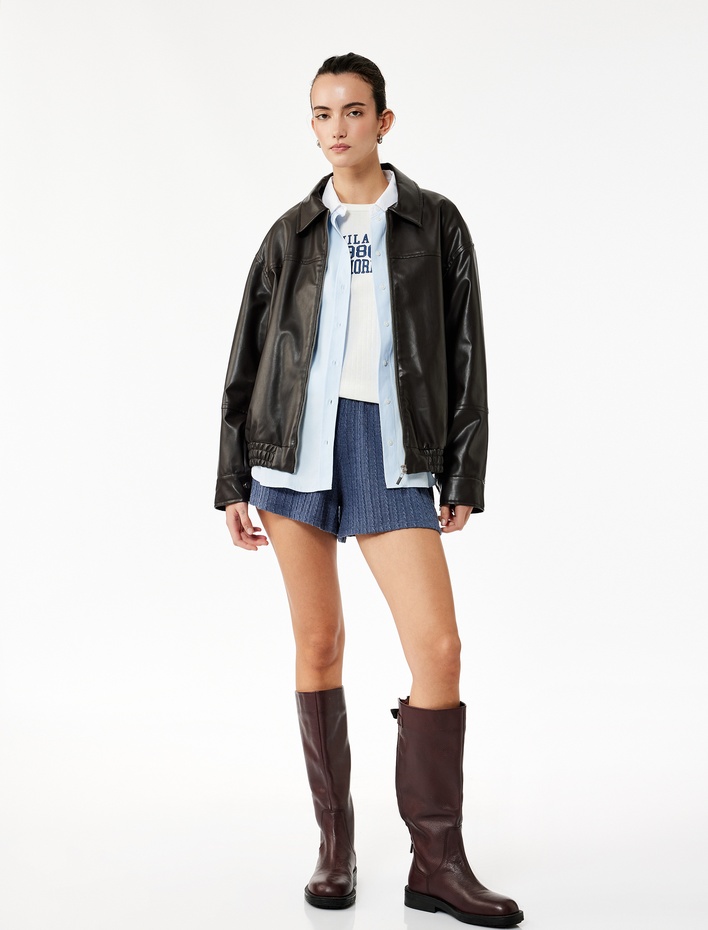  Slim Fit Beli Lastikli Dokulu Mini Şort