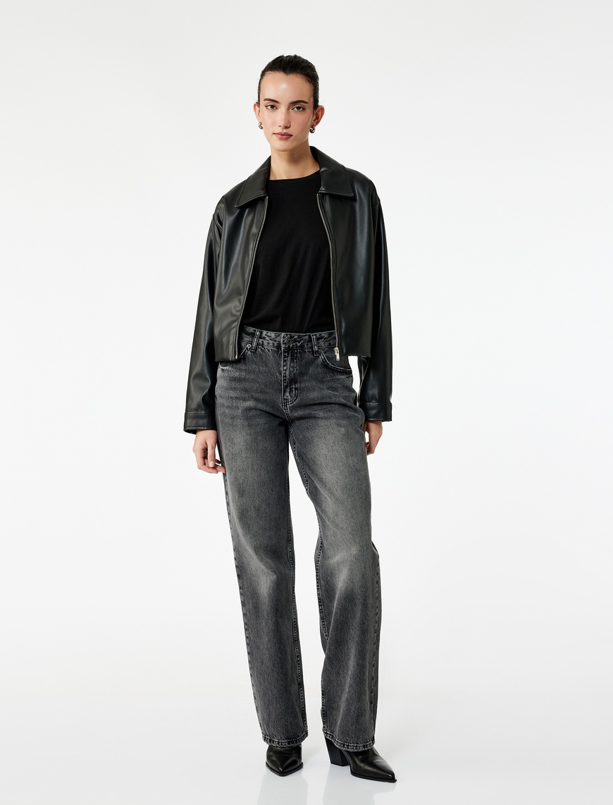   Yüksek Bel Cepli Düğmeli Düz Paça Jean Pantolon - Straight Fit Jean