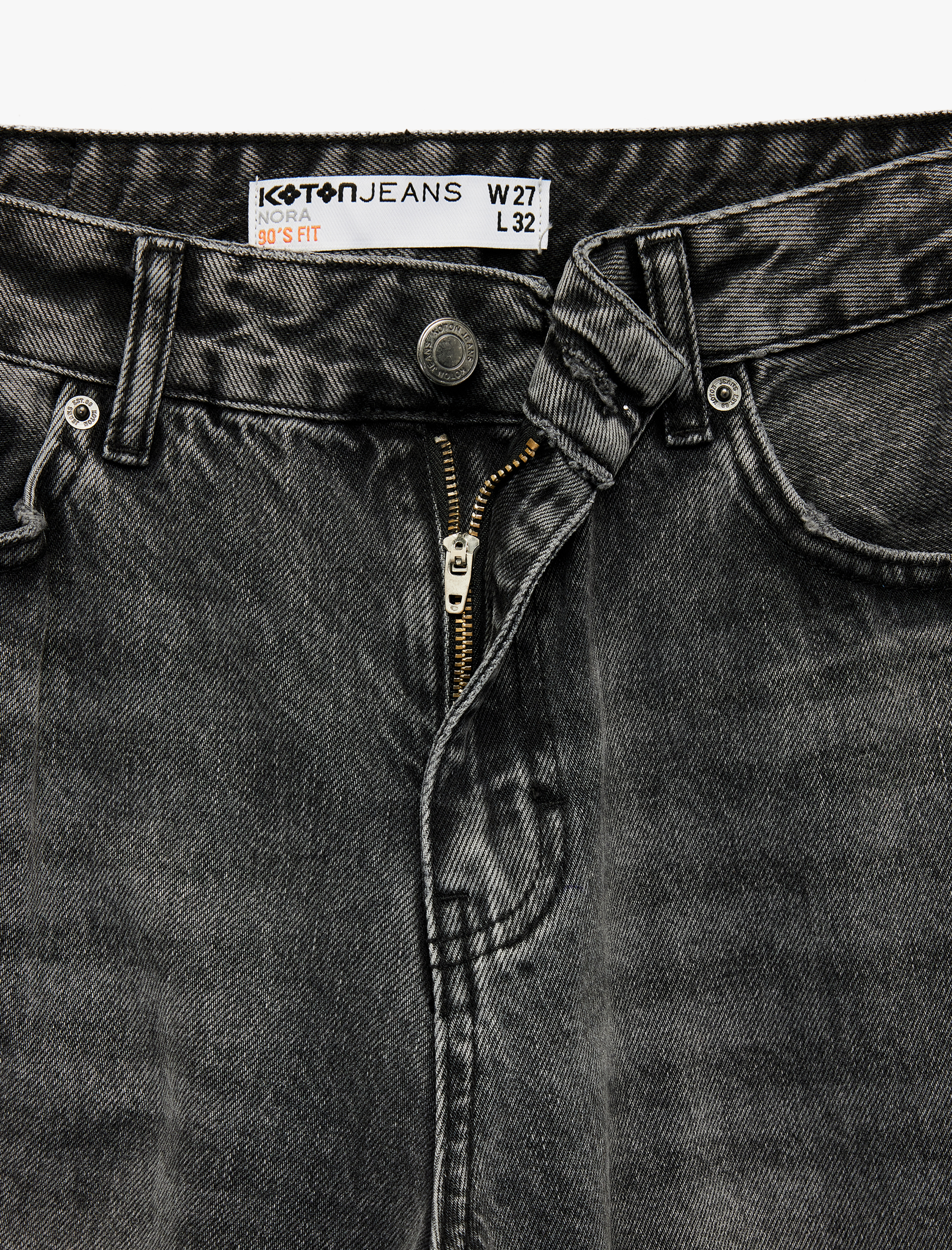 Yüksek Bel Cepli Düğmeli Düz Paça Jean Pantolon - Straight Fit Jean