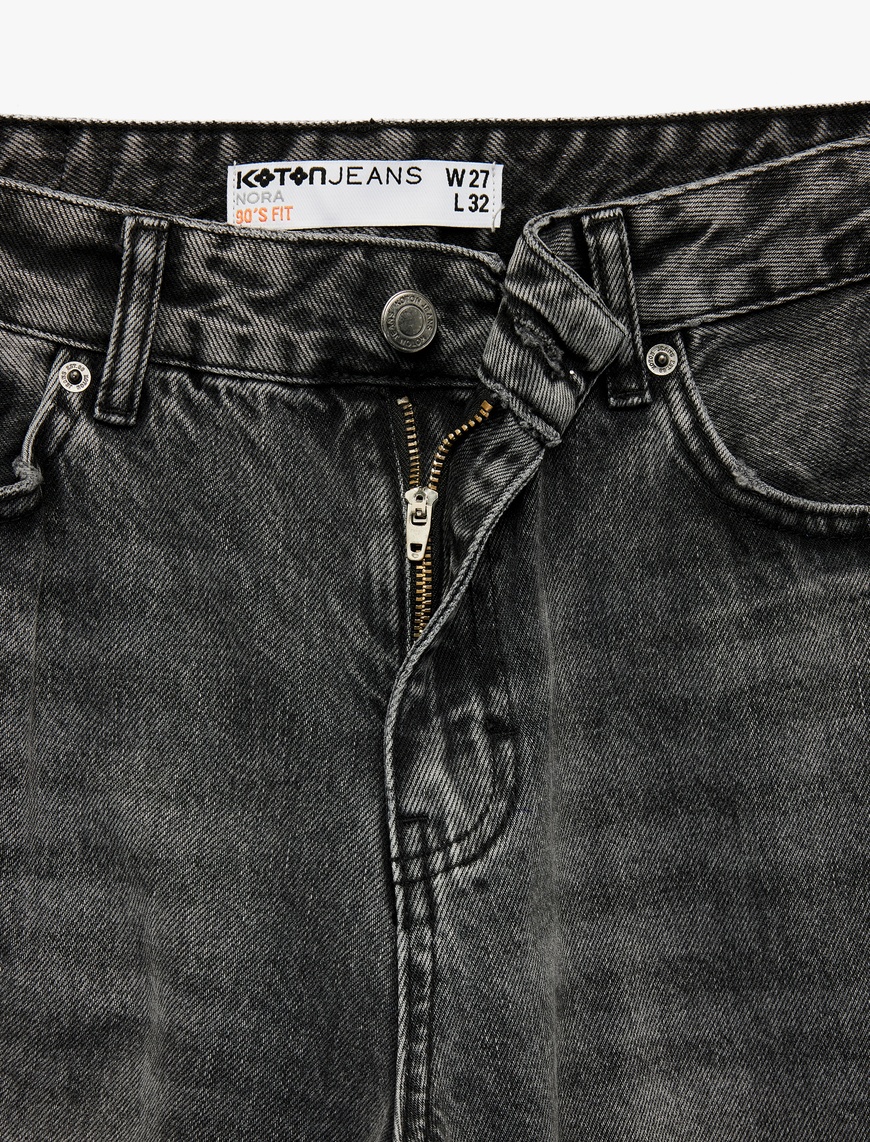   Yüksek Bel Cepli Düğmeli Düz Paça Jean Pantolon - Straight Fit Jean