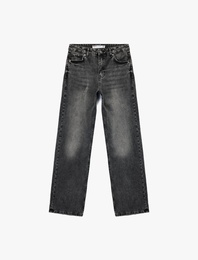 Yüksek Bel Cepli Düğmeli Düz Paça Jean Pantolon - Straight Fit Jean