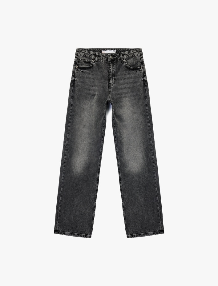  Yüksek Bel Cepli Düğmeli Düz Paça Jean Pantolon - Straight Fit Jean