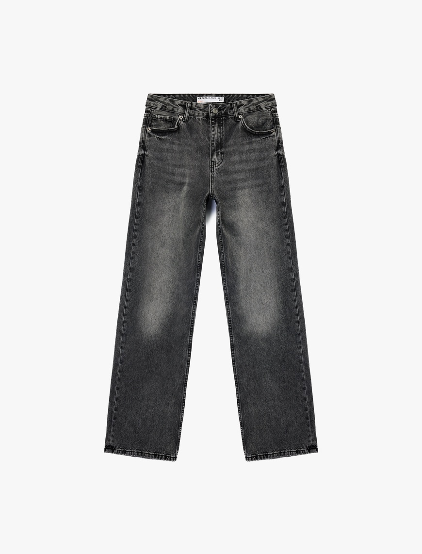   Yüksek Bel Cepli Düğmeli Düz Paça Jean Pantolon - Straight Fit Jean