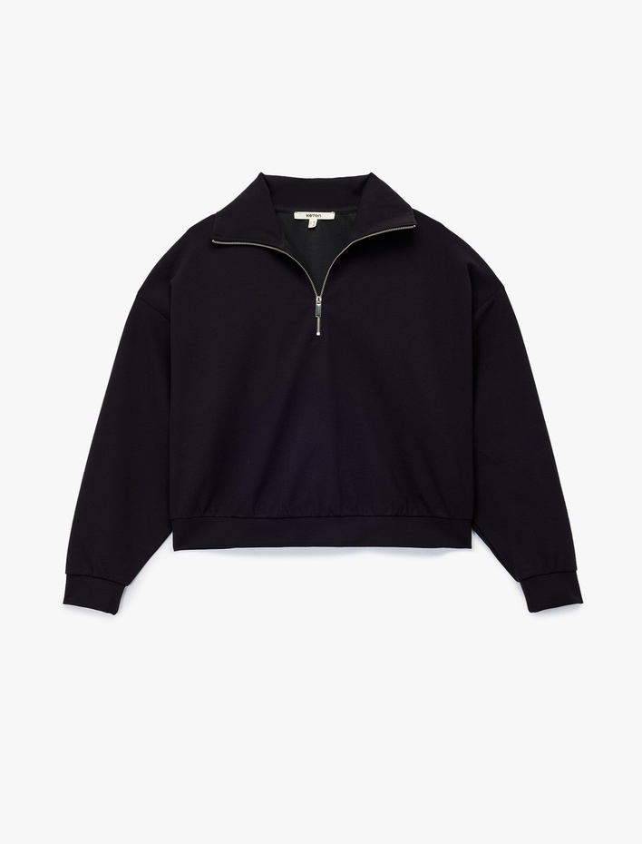  Rahat Kalıp Uzun Kollu Yarım Fermuarlı Sweatshirt