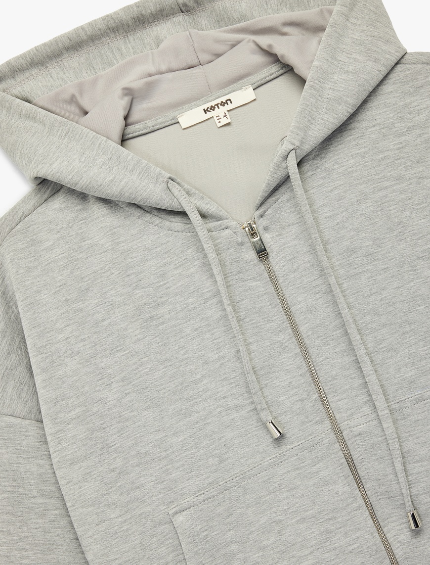   Modal Kumaş Cepli Uzun Kollu Fermuarlı Kapüşonlu Sweatshirt