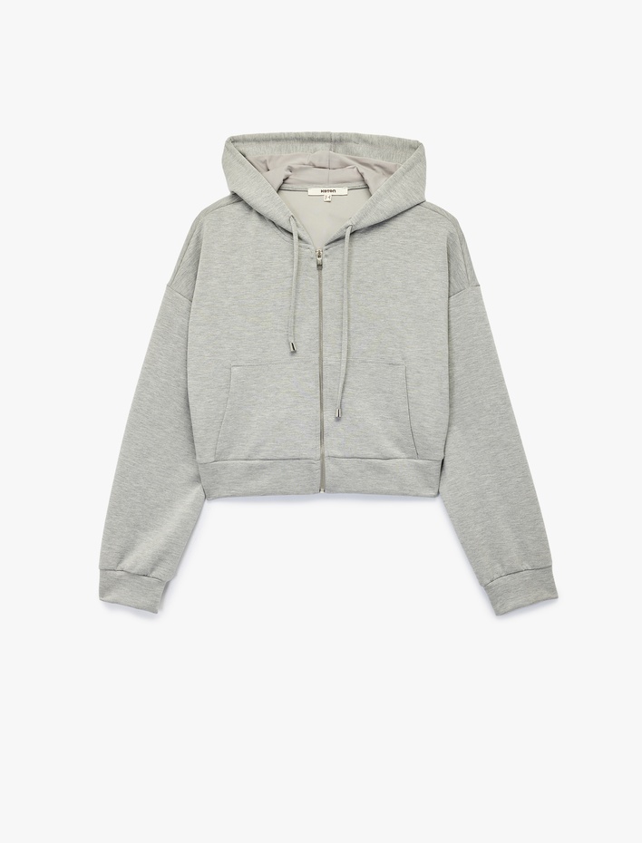  Modal Kumaş Cepli Uzun Kollu Fermuarlı Kapüşonlu Sweatshirt