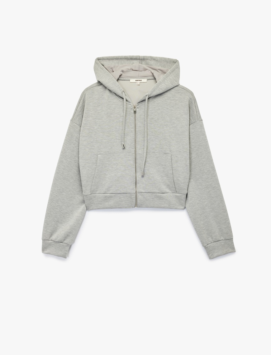  Modal Kumaş Cepli Uzun Kollu Fermuarlı Kapüşonlu Sweatshirt