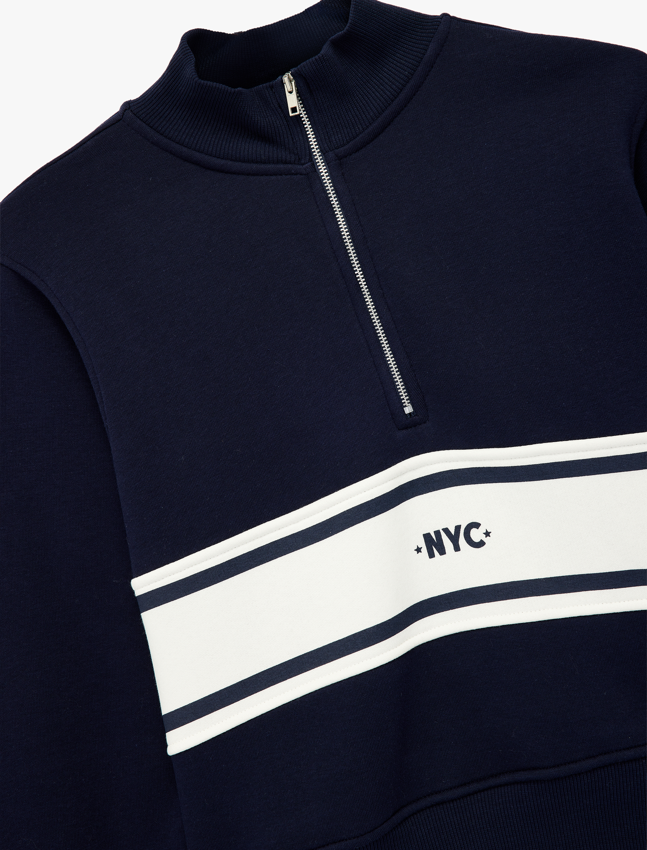 Şardonlu Kolej Temalı Uzun Kollu Dik Yaka Yarım Fermuarlı Crop Sweatshirt