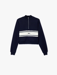 Şardonlu Kolej Temalı Uzun Kollu Dik Yaka Yarım Fermuarlı Crop Sweatshirt