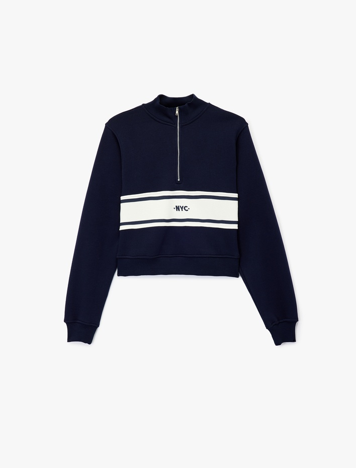  Şardonlu Kolej Temalı Uzun Kollu Dik Yaka Yarım Fermuarlı Crop Sweatshirt