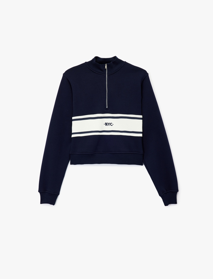   Şardonlu Kolej Temalı Uzun Kollu Dik Yaka Yarım Fermuarlı Crop Sweatshirt