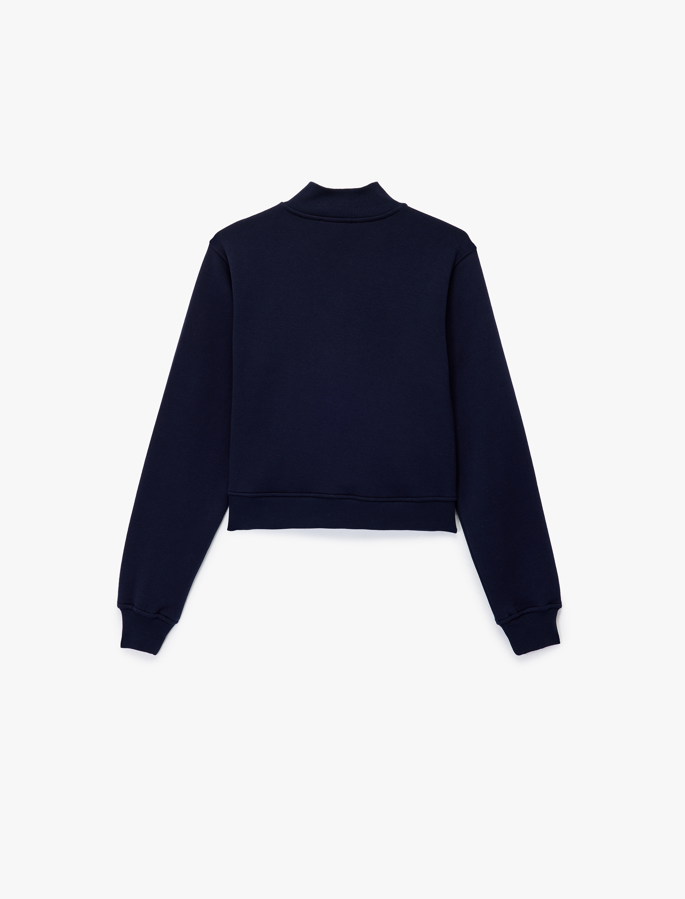 Şardonlu Kolej Temalı Uzun Kollu Dik Yaka Yarım Fermuarlı Crop Sweatshirt