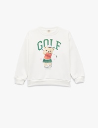 Pamuklu Ayıcık Baskılı Uzun Kollu Bisiklet Yaka Sweatshirt