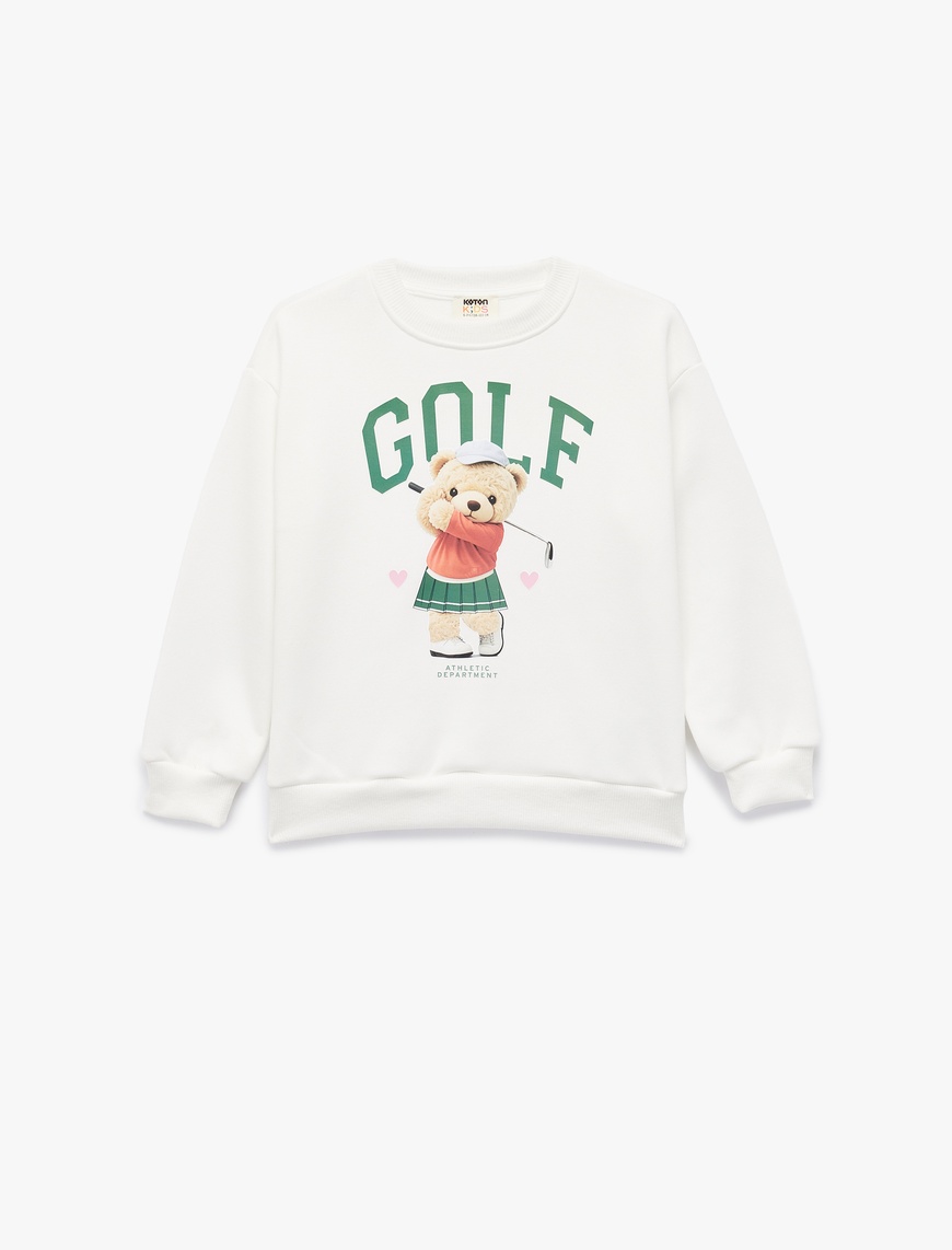  Kız Çocuk Pamuklu Ayıcık Baskılı Uzun Kollu Bisiklet Yaka Sweatshirt