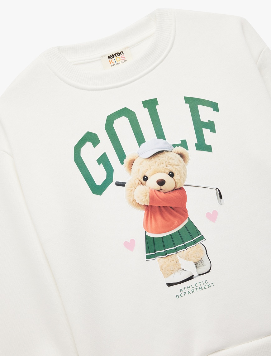  Kız Çocuk Pamuklu Ayıcık Baskılı Uzun Kollu Bisiklet Yaka Sweatshirt