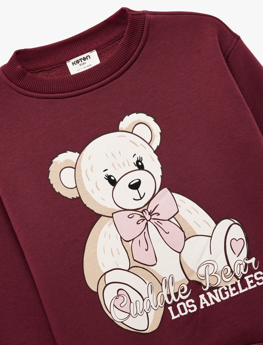  Kız Çocuk Ayıcık Baskılı Uzun Kollu Bisiklet Yaka Sweatshirt