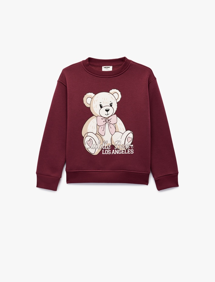 Kız Çocuk Ayıcık Baskılı Uzun Kollu Bisiklet Yaka Sweatshirt