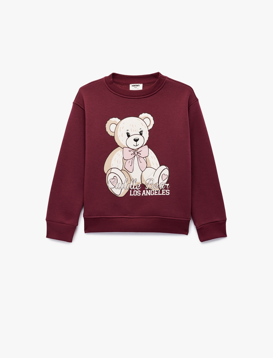  Kız Çocuk Ayıcık Baskılı Uzun Kollu Bisiklet Yaka Sweatshirt
