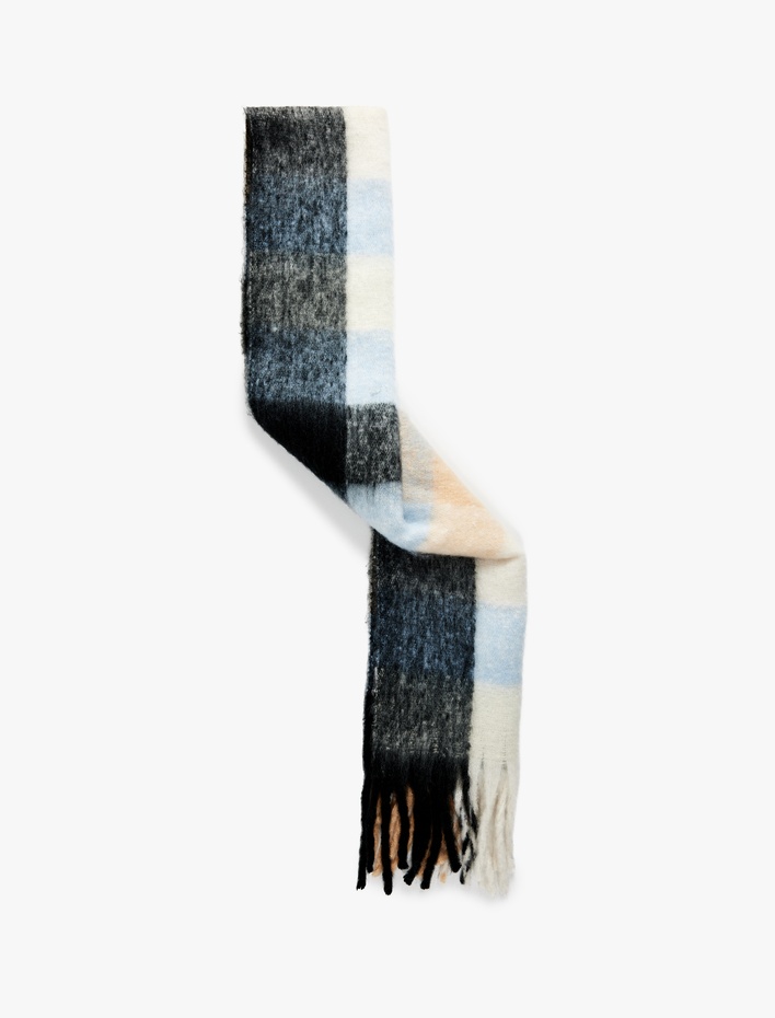 Kadın Yumuşak Dokulu Püsküllü Uzun Ekoseli Atkı