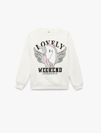 Üç İplik Şardonlu Unicorn Baskılı Uzun Kollu Bisiklet Yaka Sweatshirt