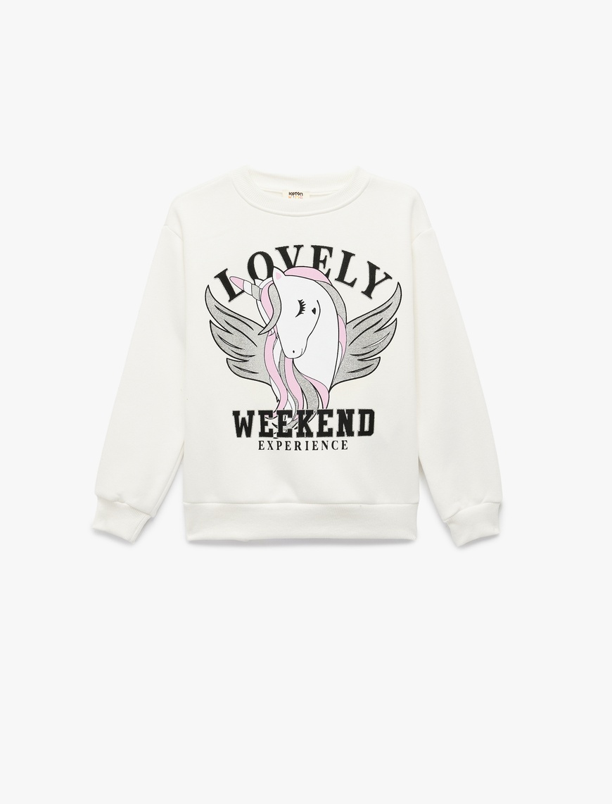  Kız Çocuk Üç İplik Şardonlu Unicorn Baskılı Uzun Kollu Bisiklet Yaka Sweatshirt