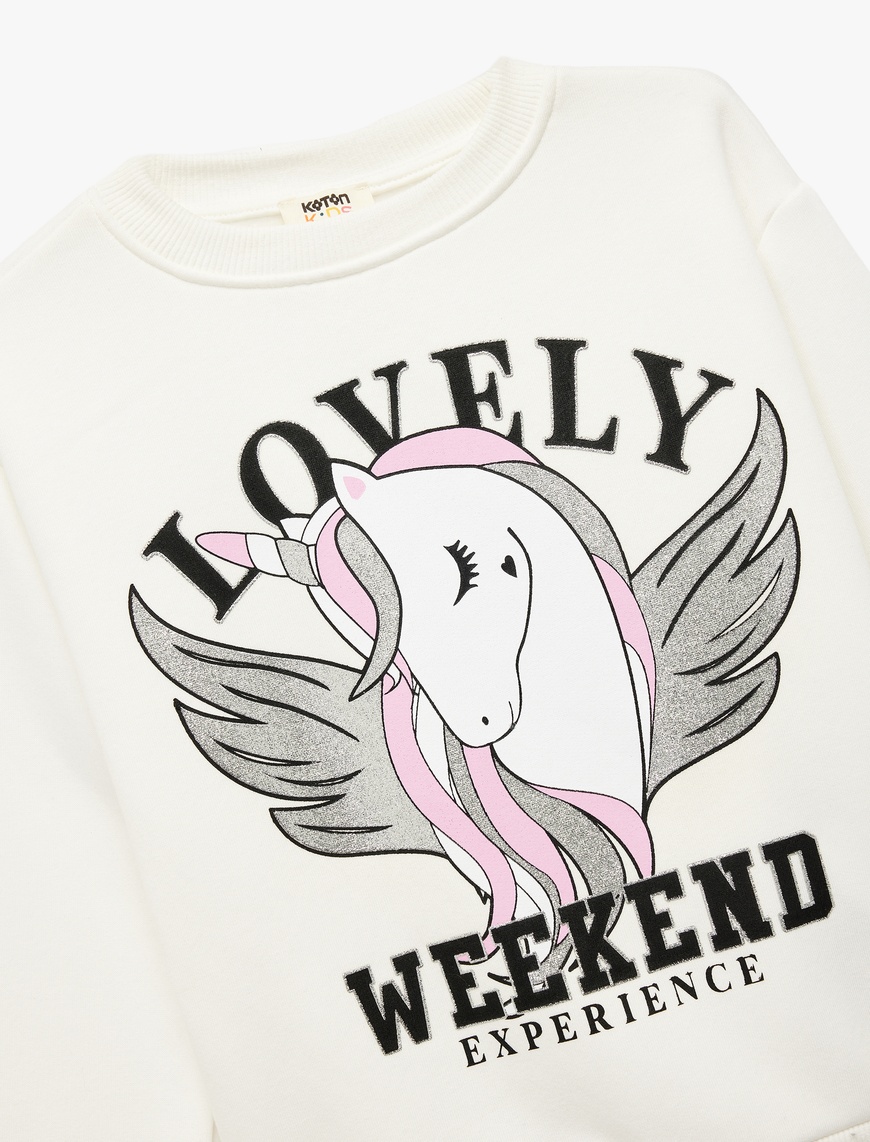  Kız Çocuk Üç İplik Şardonlu Unicorn Baskılı Uzun Kollu Bisiklet Yaka Sweatshirt
