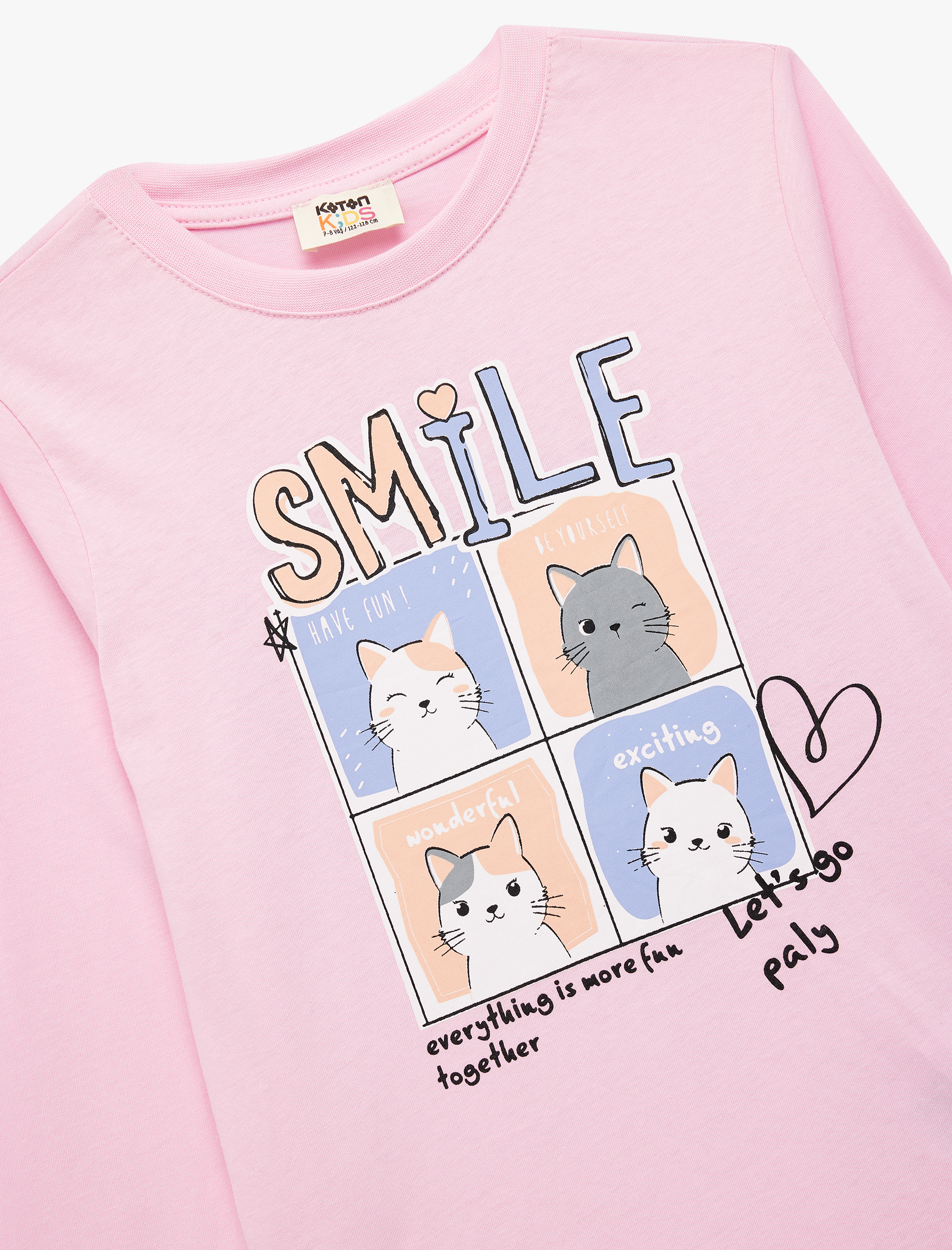  Kız Çocuk Pamuklu Uzun Kollu Bisiklet Yaka Kedili Tişört