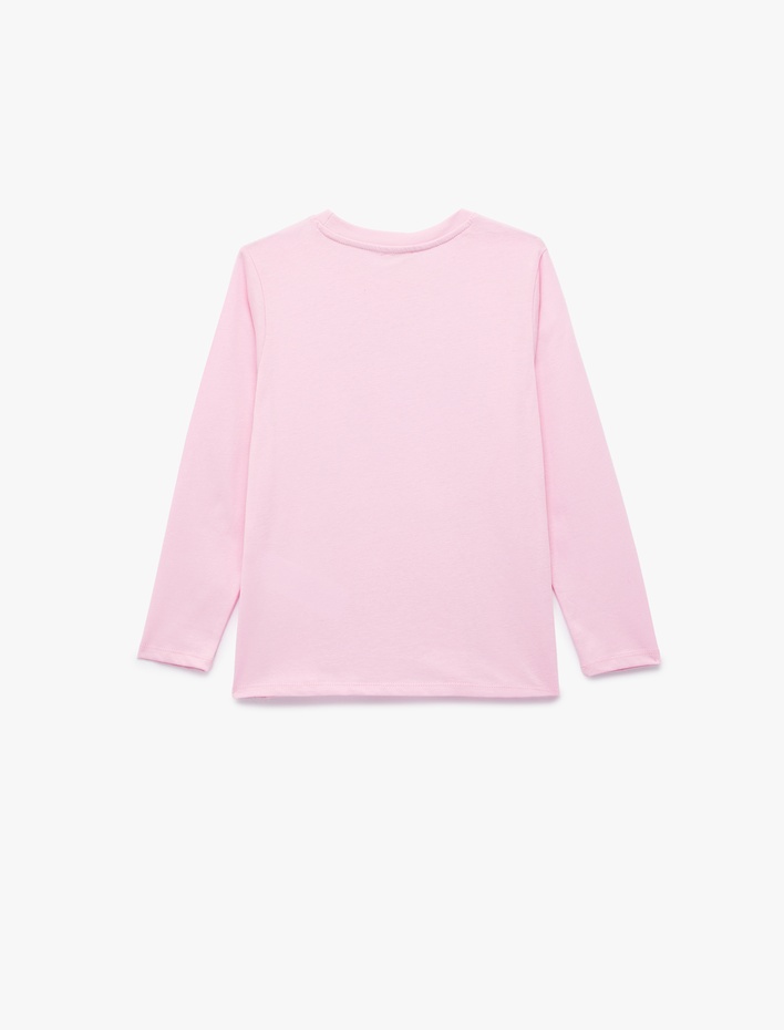 Kız Çocuk Pamuklu Uzun Kollu Bisiklet Yaka Kedili Tişört