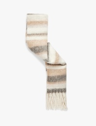 Çizgili Yumuşak Dokulu Püsküllü Uzun Atkı