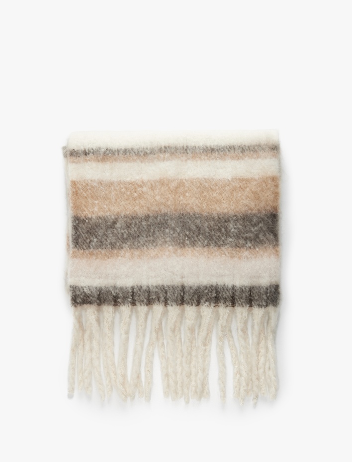 Kadın Çizgili Yumuşak Dokulu Püsküllü Uzun Atkı