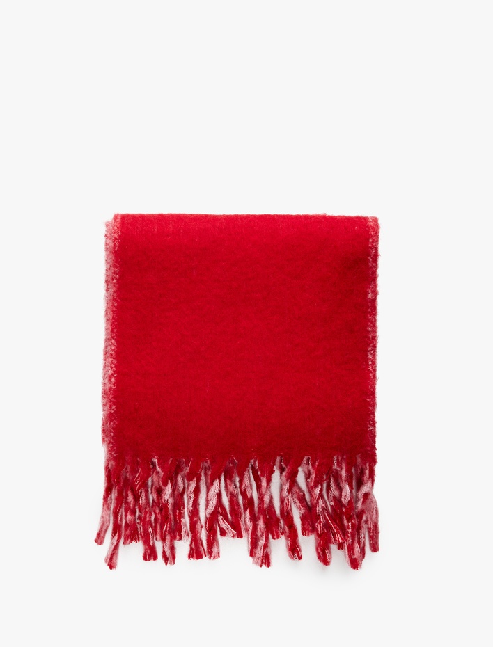 Kadın Çift Taraflı Yumuşak Dokulu Püsküllü Uzun Atkı