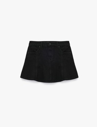 Düğmeli Mini A Kesim Volanlı Denim Etek