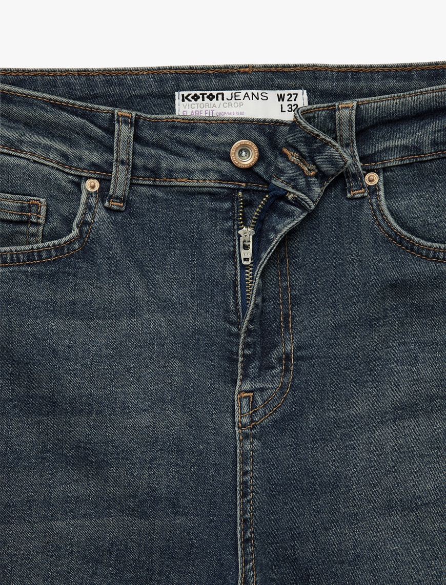   Düğmeli Cepli Dar Kalıp Pamuklu İspanyol Paça Crop Jean Pantolon -  Kick Flare Jeans