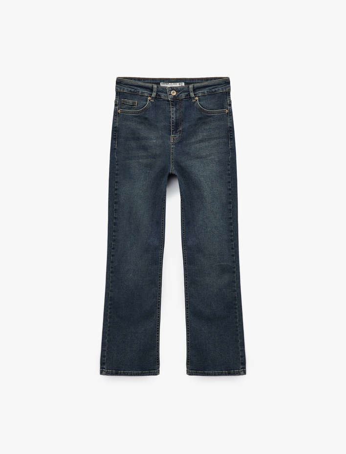  Düğmeli Cepli Dar Kalıp Pamuklu İspanyol Paça Crop Jean Pantolon -  Kick Flare Jeans