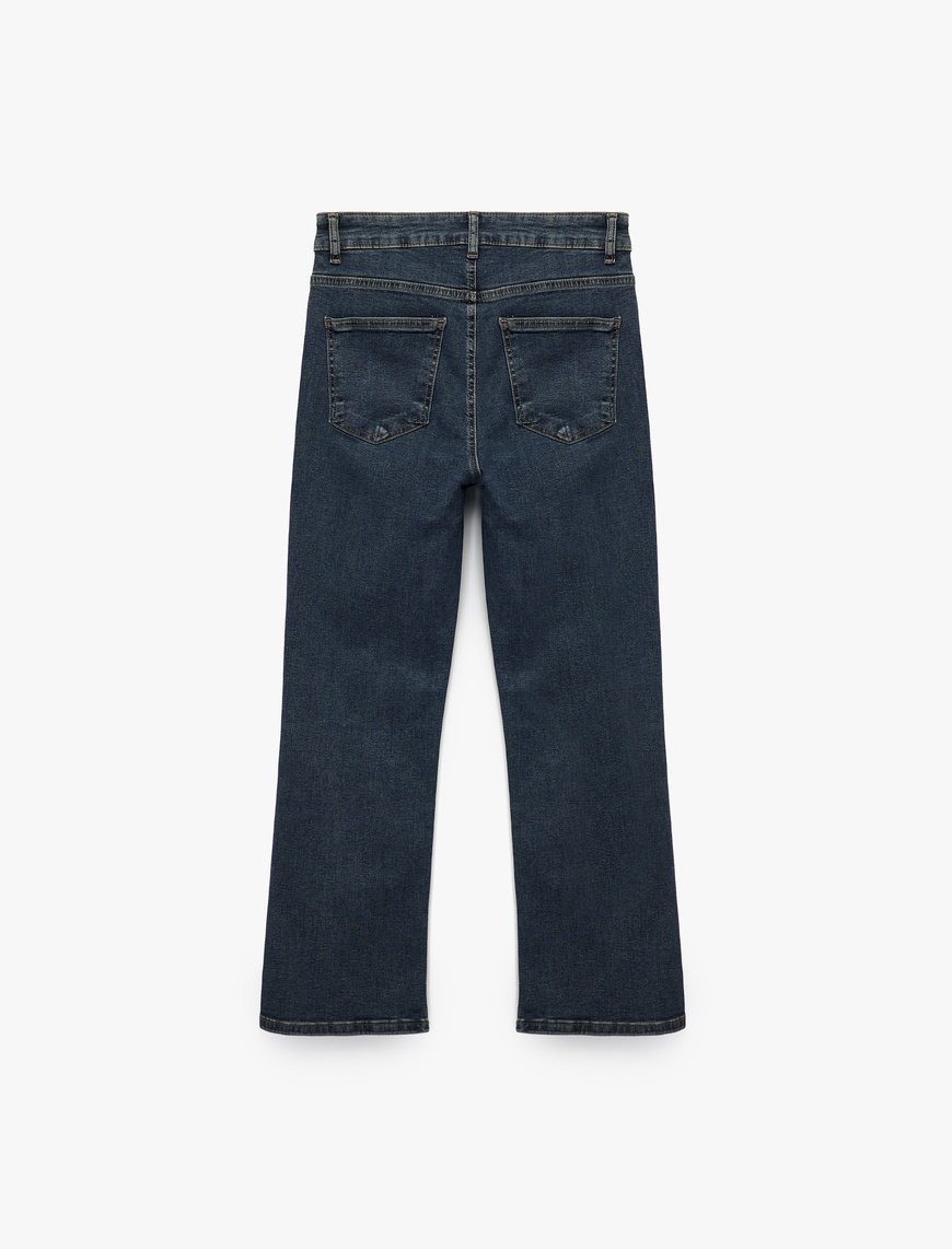  Düğmeli Cepli Dar Kalıp Pamuklu İspanyol Paça Crop Jean Pantolon -  Kick Flare Jeans