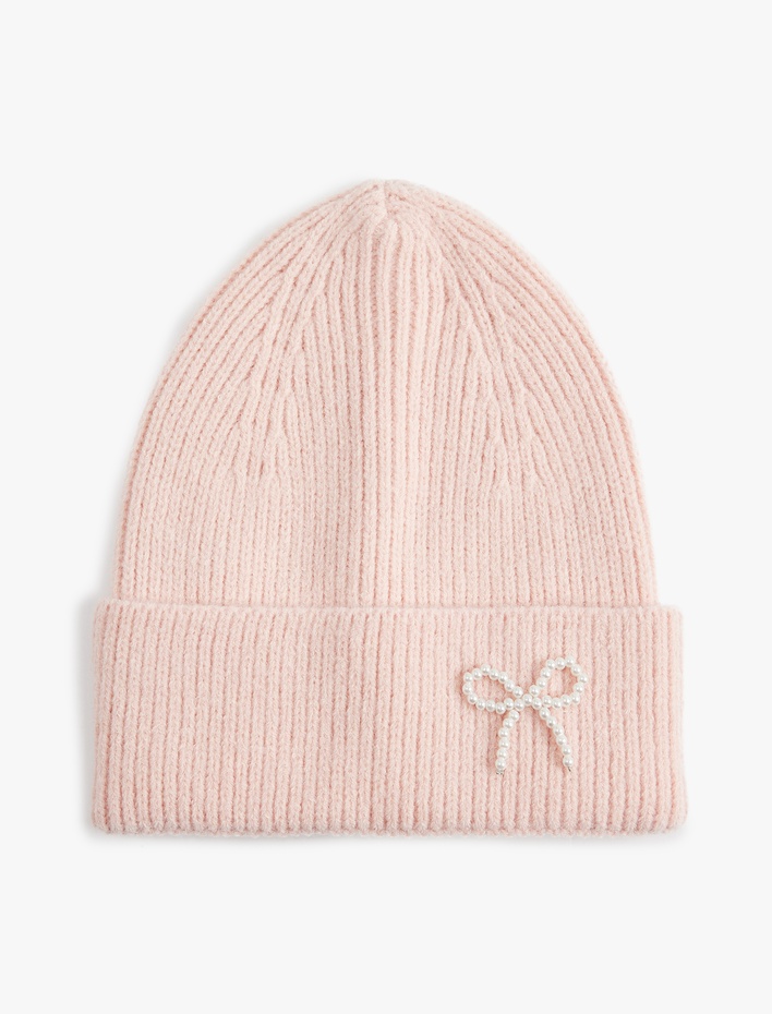 Kadın İnci Detaylı Fiyonklu Katlı Triko Bere