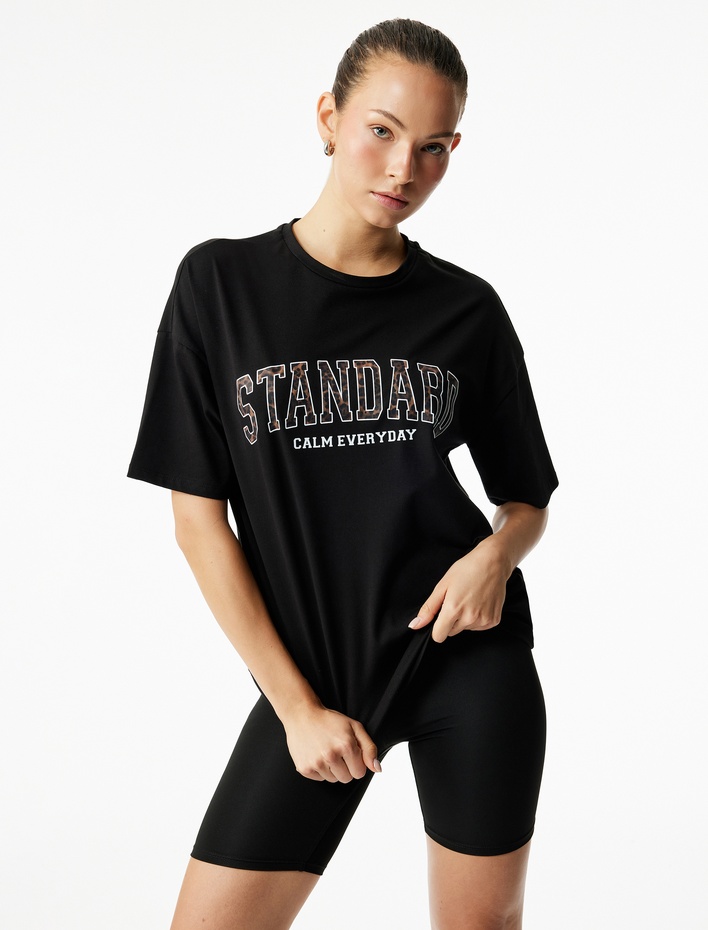  Bisiklet Yaka Yarım Kollu Baskılı Oversize Spor Tişört