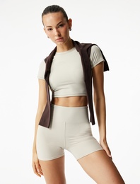 Kısa Kollu Bisiklet Yaka Basic Crop Slim Fit Spor Tişört