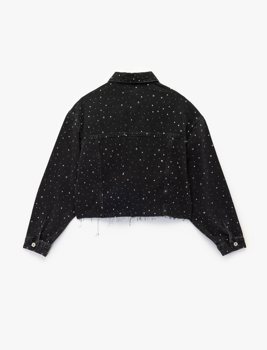   Uzun Kollu Klasik Yaka Cep Detaylı Crop Taşlı Denim Ceket