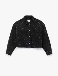 Uzun Kollu Klasik Yaka Cep Detaylı Crop Taşlı Denim Ceket