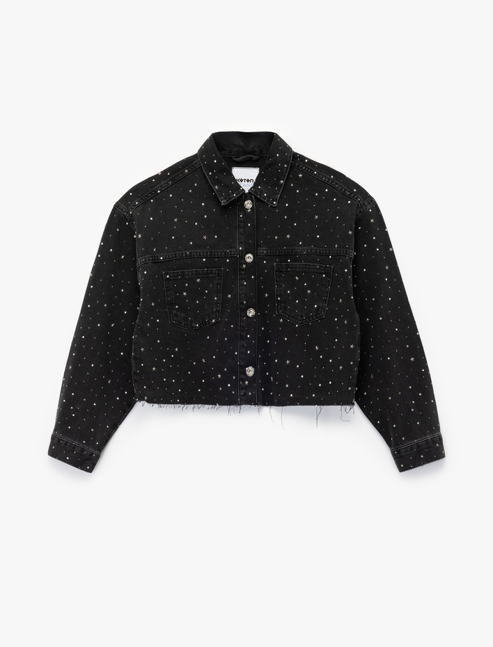  Uzun Kollu Klasik Yaka Cep Detaylı Crop Taşlı Denim Ceket
