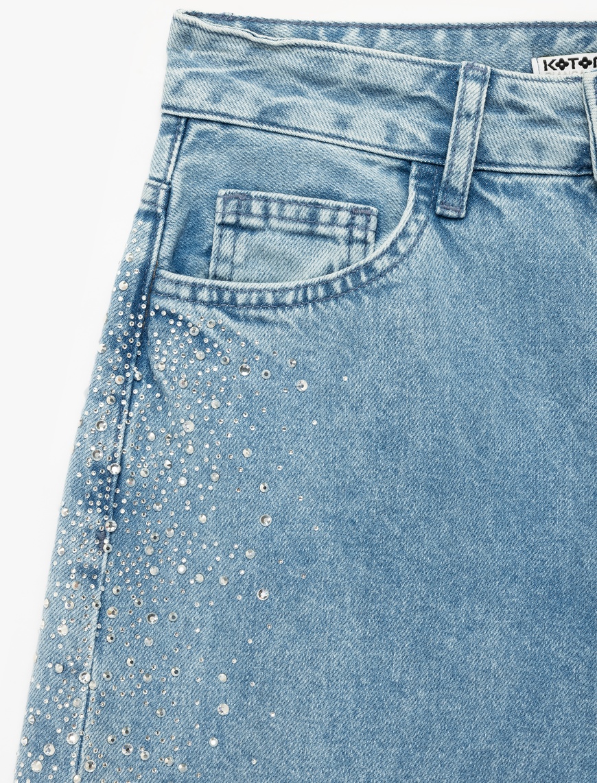   Düğmeli Cepli Geniş Paça Pamuklu Taşlı Jean Pantolon - Wide Leg Jeans