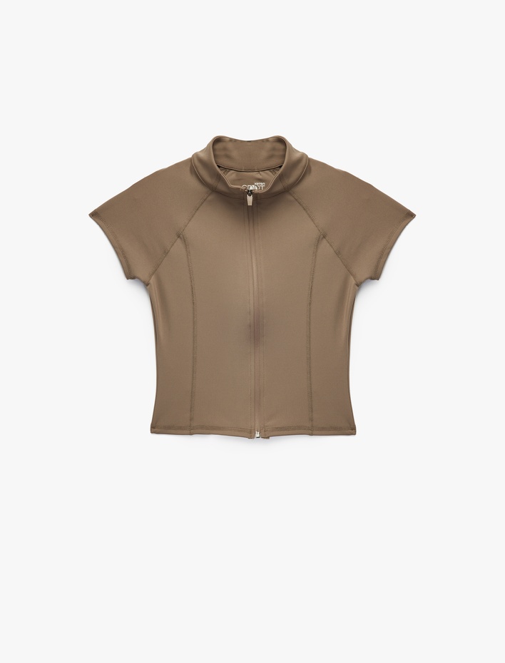  Dik Yaka Fermuarlı Slim Fit Spor Tişört