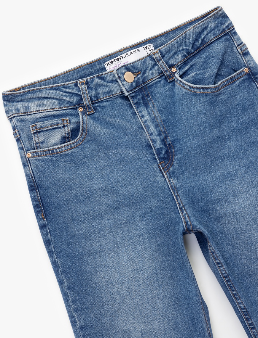  Pamuklu Düğmeli Cepli Dar Kesim Yüksek Bel İspanyol Paça Jean Pantolon - Flare Jeans