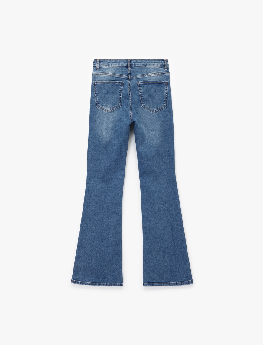   Pamuklu Düğmeli Cepli Dar Kesim Yüksek Bel İspanyol Paça Jean Pantolon - Flare Jeans